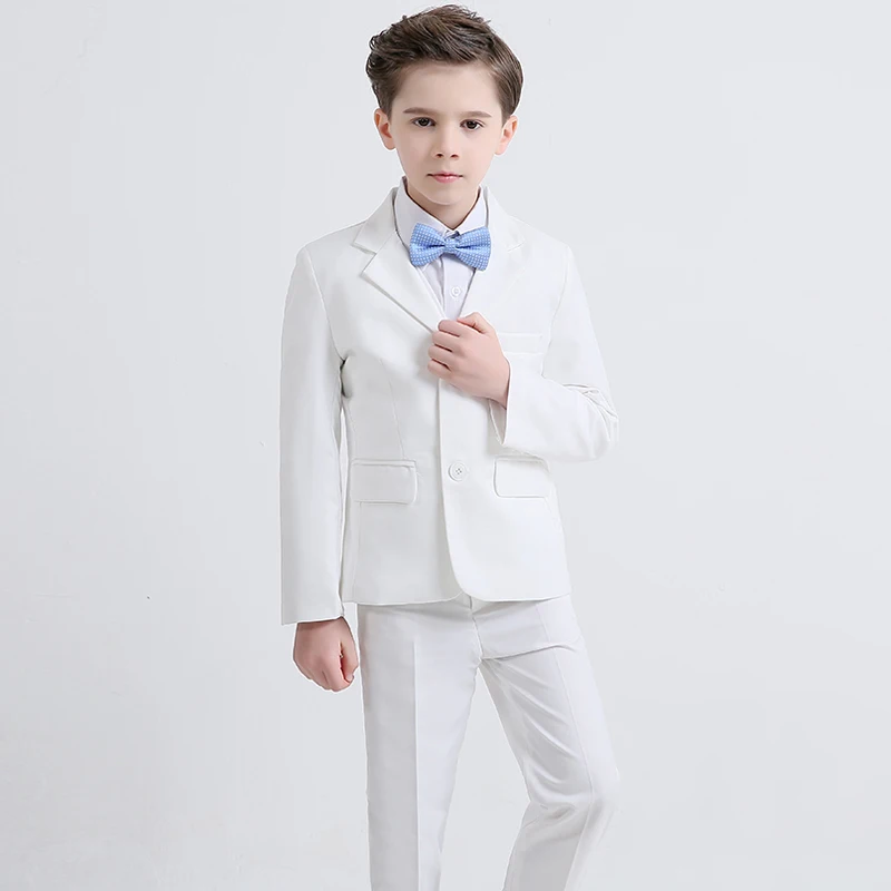 

Детский официальный костюм белого цвета для мальчиков, новый костюм для ведущего свадебного пианино для выступления на день рождения, Детский костюм из блейзера и брюк, одежда из 2 предметов