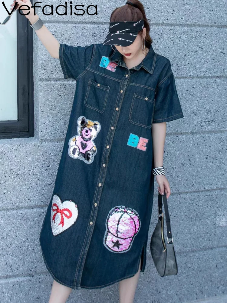 

Vefadisa2023 Summer Women Fashion Cartoon Sequin Denim Shirt Dress Print Blue Skirt Personalized Trendy Girl Casual Dress ZY1627