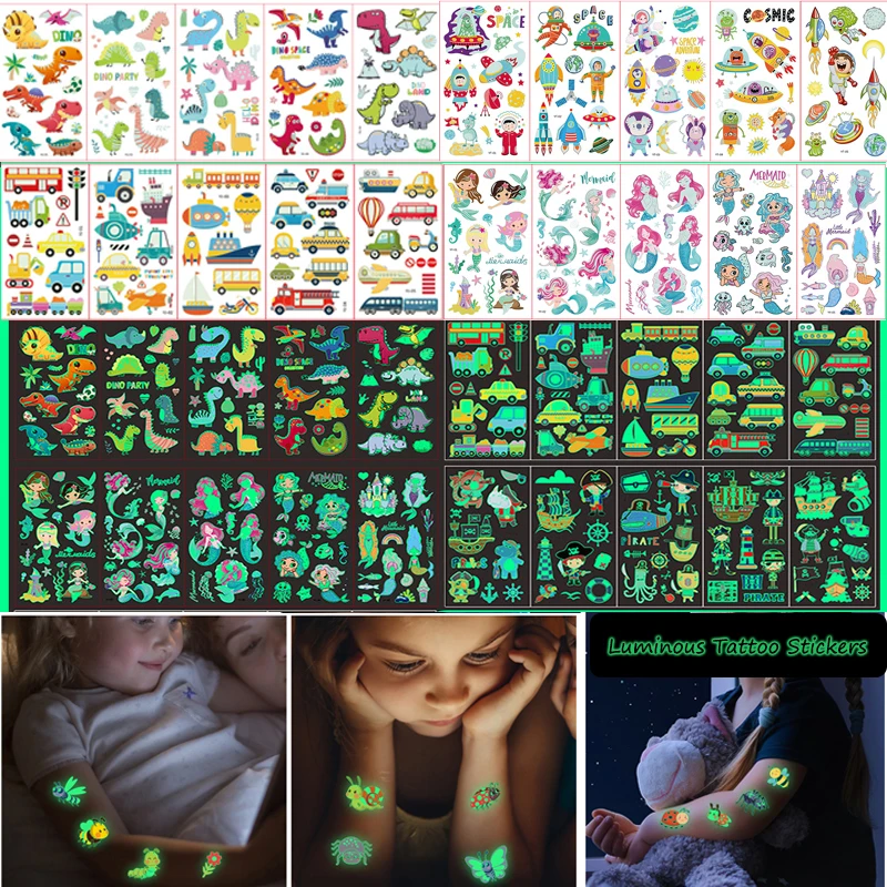 5 шт./лот светящаяся татуировка для лица Временный Цвет единорог динозавр Русалка