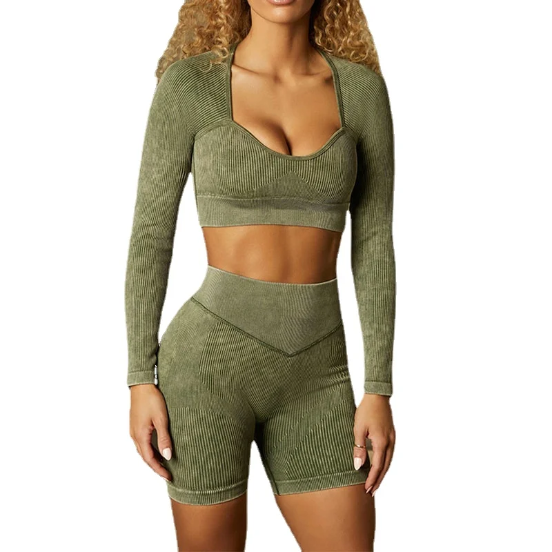 

Женский бесшовный спортивный комплект для йоги, Леггинсы для йоги, одежда для тренажерного зала, укороченный Топ с длинным рукавом и шорты с...