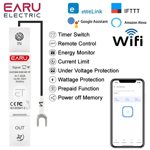 eWeLink WiFi MCB умный автоматический выключатель 1P 63A переключатель счетчик энергии таймер реле kWh защита от напряжения и тока голосовой пульт дистанционного управления