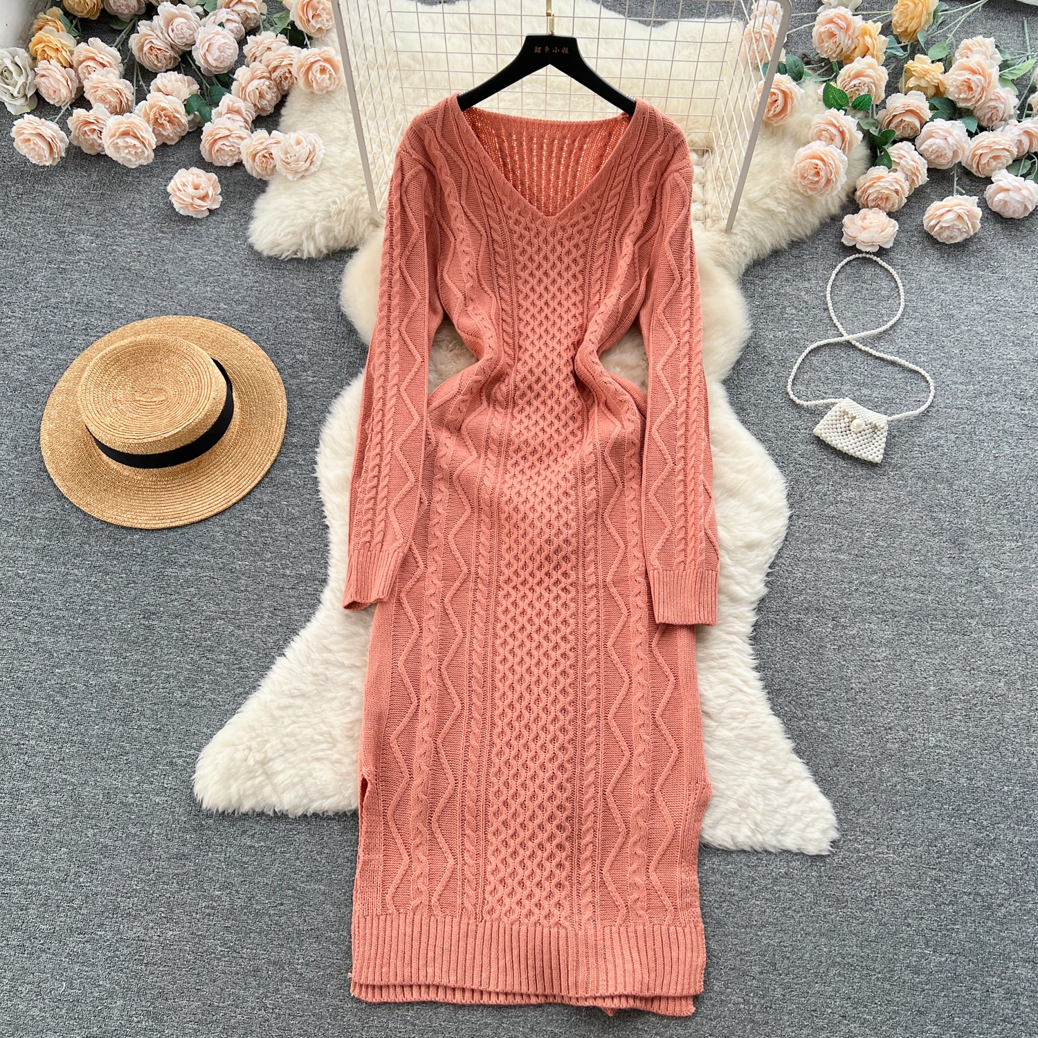 

Elegant Elastic Knit Bodycon Long Sleeve Dress V Neck Fashion Party Elegant Vestidos Chic Autumn Winter Sexy Women Dress