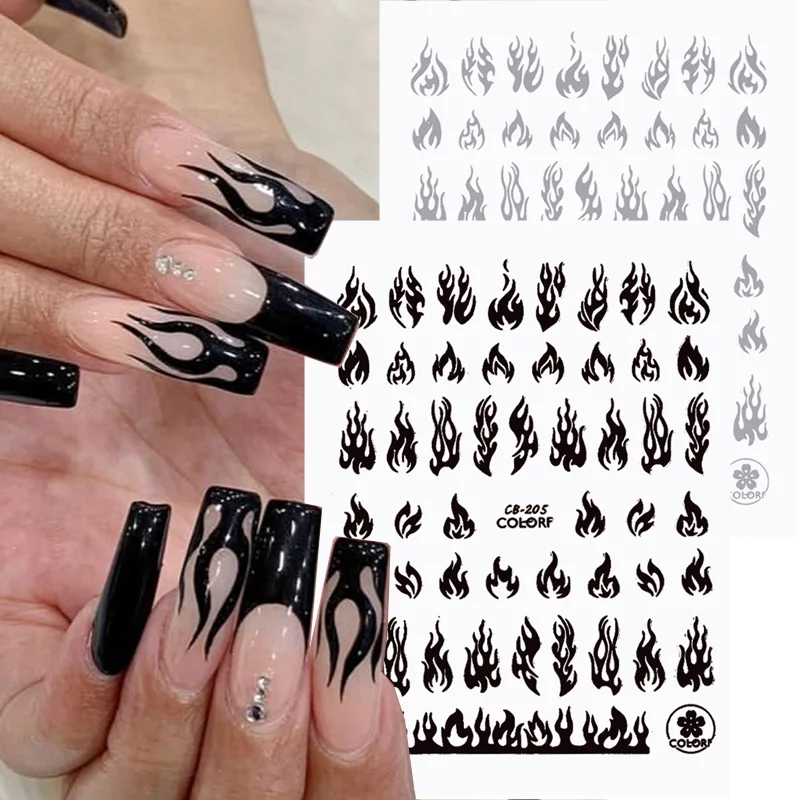 

3D Flame Nail Stickers Black White Gold Fire Design Self Adhesive Nail Art Decals Transfer Slider Wraps Manicures DIY Decoration