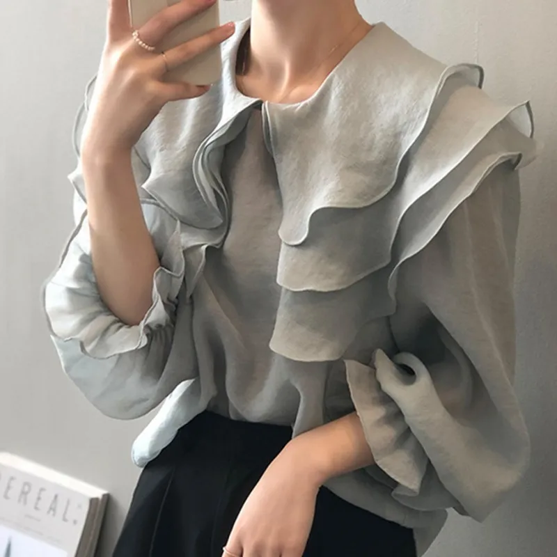 

New 2023 Patchwork Tulle Transparent Korean Fashion Spring Summer Blouses Chic Shirts Retro Elegant Lady Tops