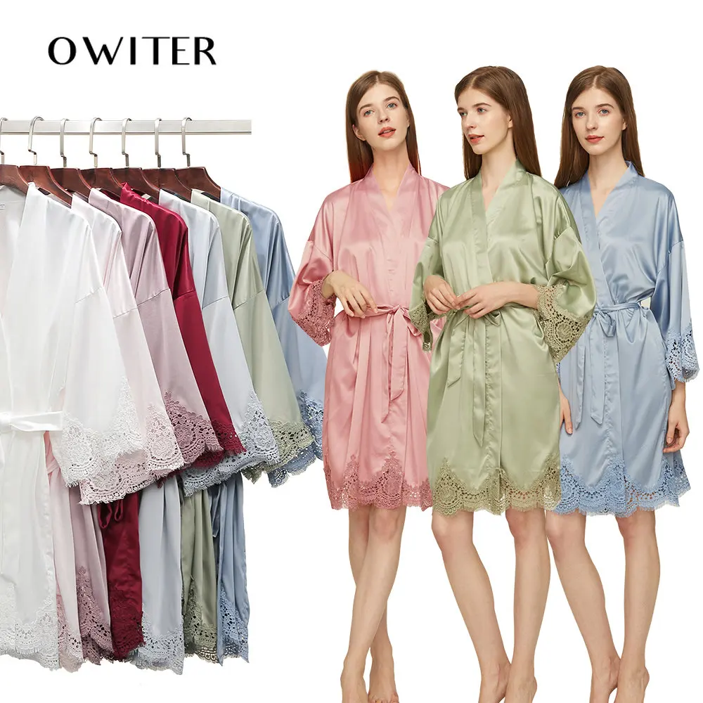 Bridal Robes Matt Satin Lace Robe with Trim Gown Wedding Bride Robes Bridesmaid Kimono Robe Bridesmaid Robe Bathrobe Women