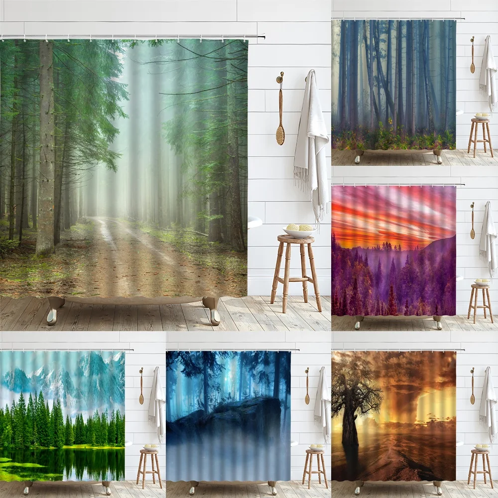 

Woodland Trees Forest Sunlight Shower Curtain Sunshine Nature Landscape Path Waterproof Fabric Bathroom Decor Curtain Screen Set