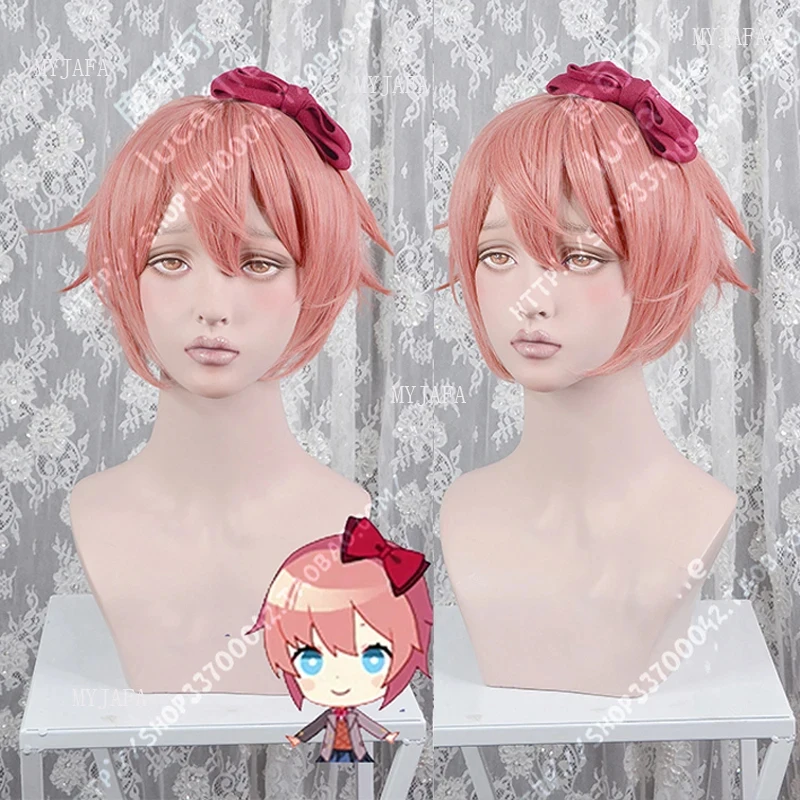Фото Высококачественный парик для косплея Сайори из Doki Literature Club, короткий, розовый, термостойкий, синтетический, Anim6,b'8\j'7/ №2
