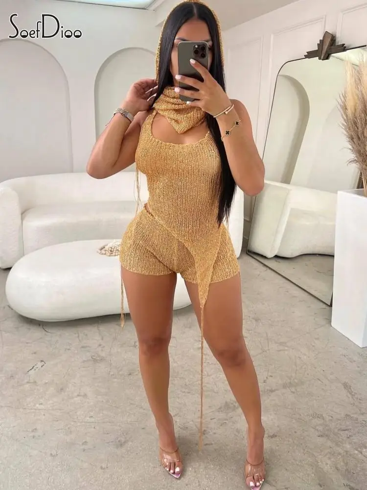 

Soefdioo Knit Ribbed Women's Set Halter Lace Up Backless Tops with Hat and Shorts Suit 2023 Summer 3 Piece Set Outfit Tracksuit