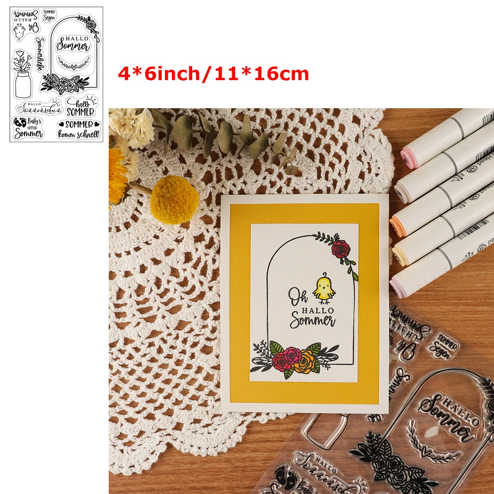 

German Sentiments hallo sommer Words Clear Stamps Flowers Vase Laurel Ornament DIY Scrapbooking Craft Paper Cards 2022 New