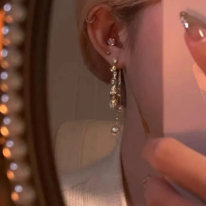 

Luxury Beautiful Shine Zircon Pearl Long Tassel Drop Earrings Korean Style 2022 New Fashion Party Gifts Brincos Feminino
