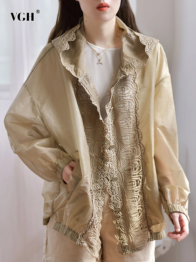 

VGH Patchwork Lace Coat For Women Hooded Collar Loose Long Sleeve Single Breasted Sun Protection Coats Female 2022 Spring Style