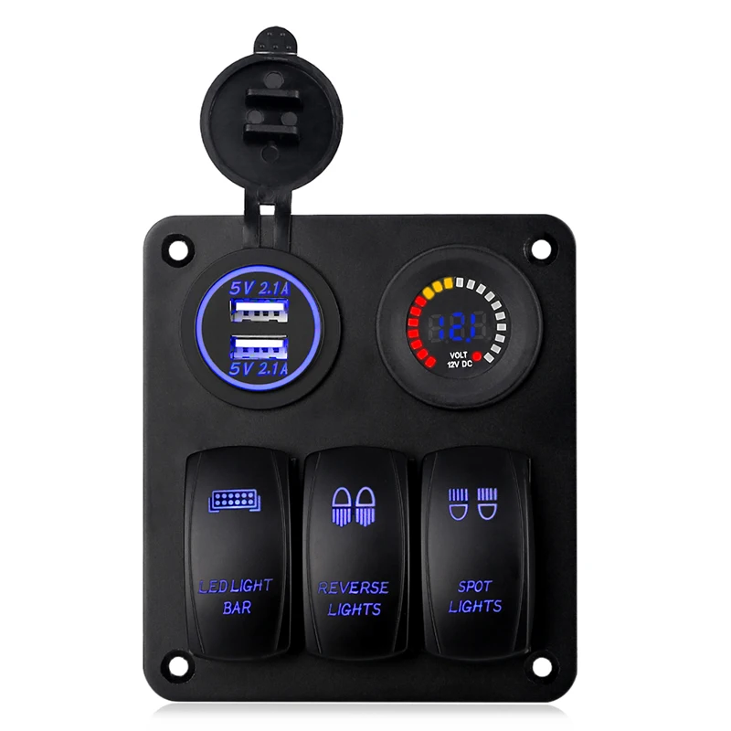 

3 Gang Rocker Switch Panel 12V 4.2A Waterproof Dual USB Charger Socket Colorful Digital Voltmeter Switches For Car Marine Boat