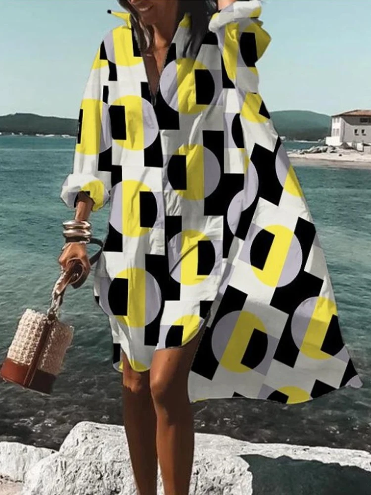 Женское платье-рубашка с цветочным принтом повседневное асимметричное платье