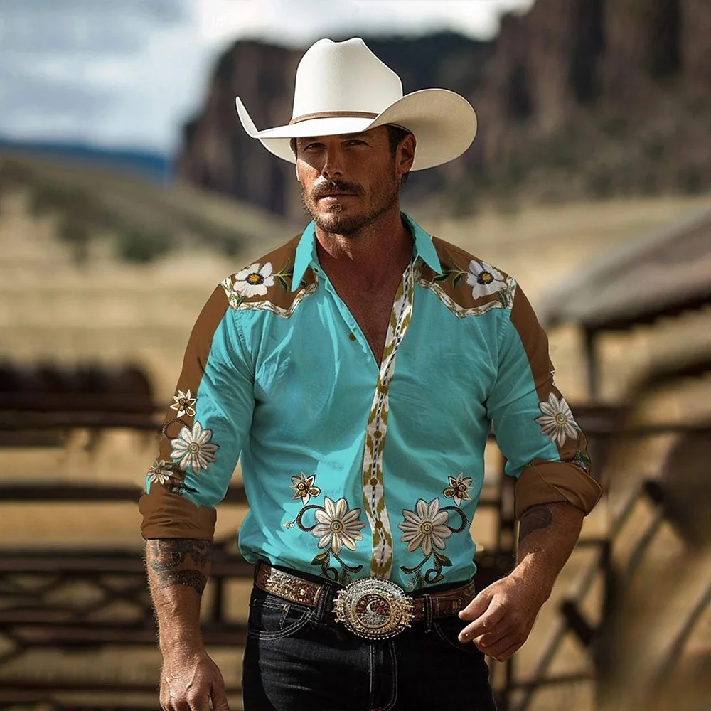 Мужская винтажная джинсовая рубашка голубая Классическая Повседневная с