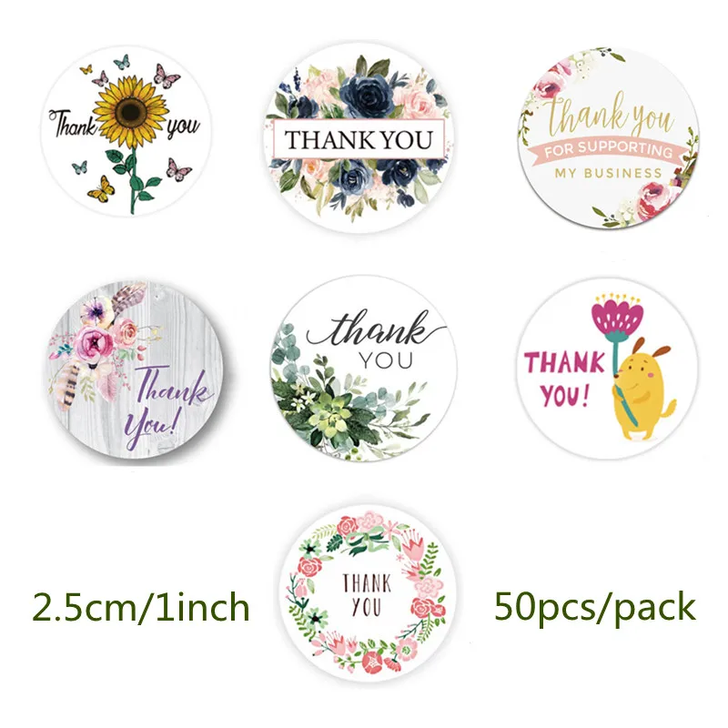 

50pcs Flower Thank You Sticker for Seal Labels Round Floral Multi Color Labels Sticker Handmade Offer Sticker 2.5cm 1 Pattern