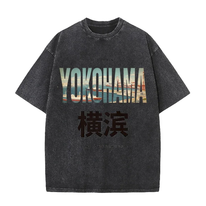 Фото Винтажная модная хлопковая футболка с графическим принтом Yokohama City, ультрамягкая, с круглым вырезом, с короткими рукавами, унисекс, повседневные топы для мужчин и женщин №4