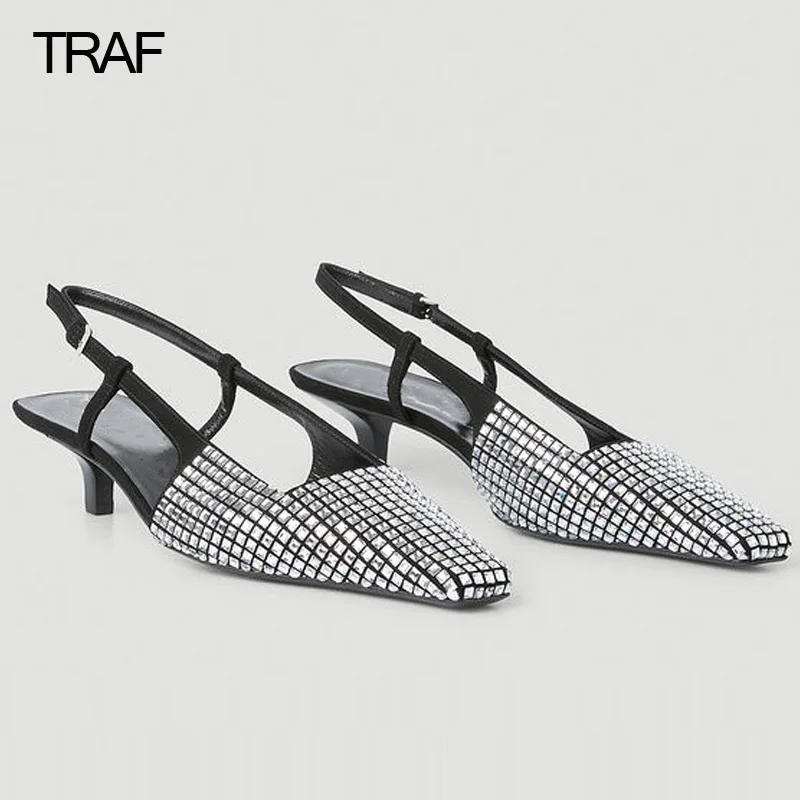 

TRAF Luxury Brand Kitten Heels Women Shoes Slingback Rhinestone Heels Woman Pumps 2023 Wedding Bride Modern office Pointe Shoes