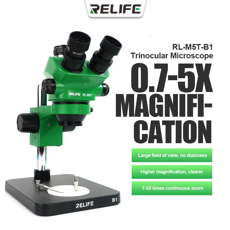 

RL-M5T-B1 Trinocular Microscope 0.7-5x Magnification 7-50X Continuous Zoom With Camera For Phone Repair Jewelry Identification
