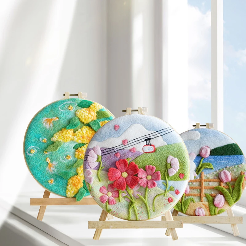 

Creative Diy Wool Painting Kits With Frame Modern Embroidery DIY Wool Needle Felt Painting Flowers Picture For Home Decors