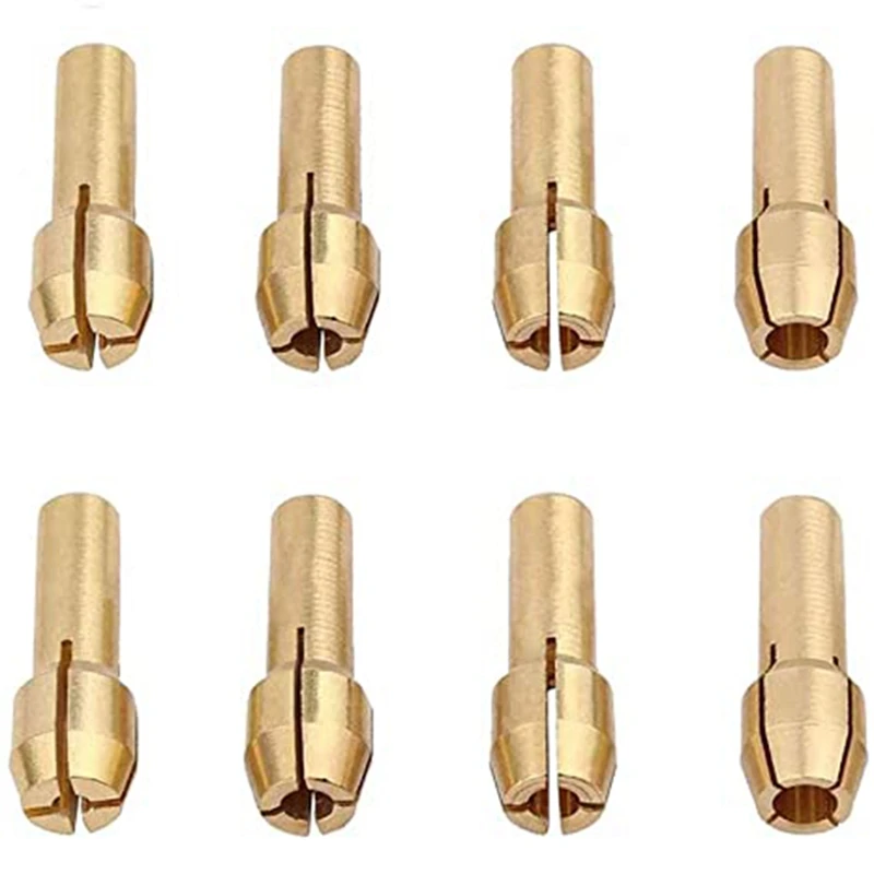 

Латунные зажимные патроны, набор из 8 латунных зажимных патронов подходит для вращающихся инструментов Dremel, включая 4 размера (1/1, 6/2, 3/3, 2 мм)