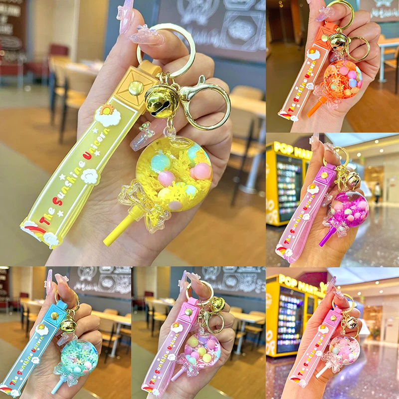 

Summer Oil Liquid Lollipop Keychain Floating Quicksand Snowflake Glitter Acrylic Keyring Pendant For Women Backpack Key Chains