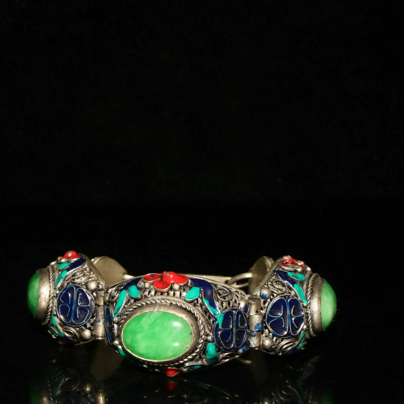 

8.27" Exquisite Chinese White copper Cloisonne inlay Jade Handmade Bracelet