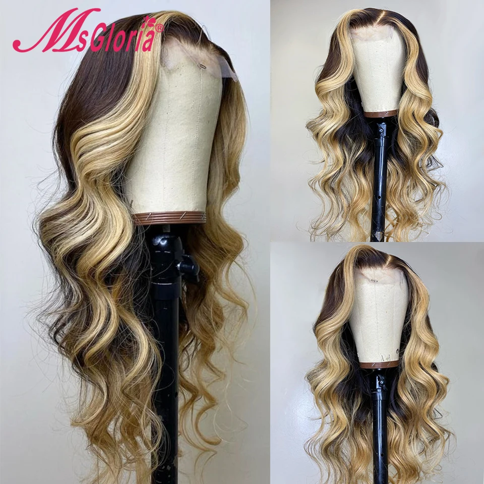 

Loose Body Wave Ombre Brown 13x4 Lace Frontal Wig Pre Plucked Human Hair Wigs For Women Free Part 180% Density 30 Inch Front Wig