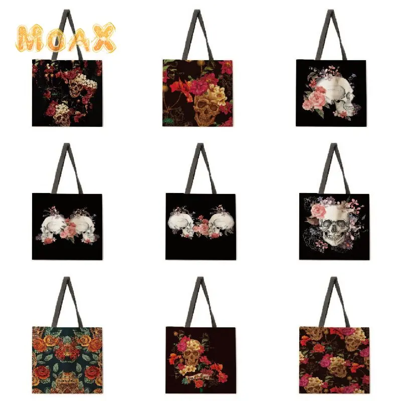 

Floral Skull Print Shoulder Bag Ladies Canvas Tote Bags for Women Outdoor Foldable Eco-friendly Shopping Bag Reusable Handbags
