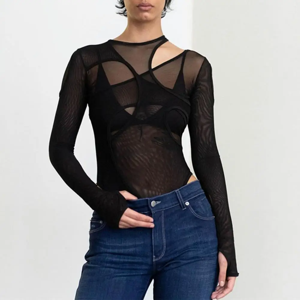 

Summer Solid Bodysuit See-Through Sexy Hollow Design Women Irregular Top Jumpsuits Slim Fit For High Street Clubwear Female