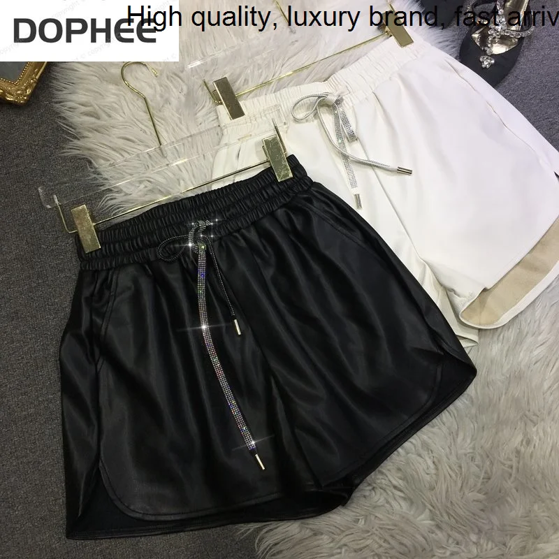 

Drawstring Hot Drilling Elastic Ladies Leather Pants All-match Autumn Winter High Waist Wide Leg PU Boot Shorts