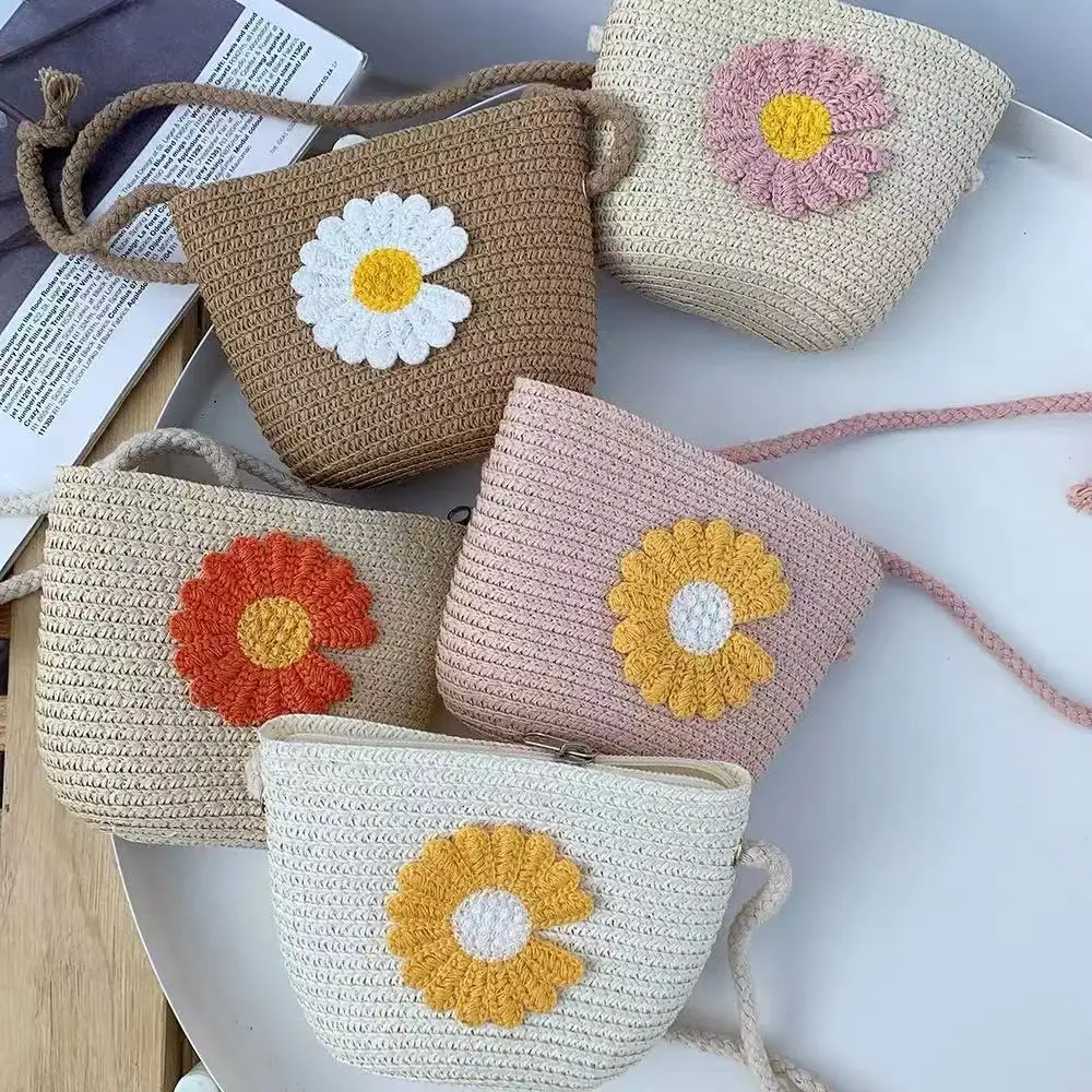 Straw Woven Children Beach Shoulder Bag Cute Girls Princess Animal Crossbody Bags Baby Kids Floral Coin Purse Handbags Wallet