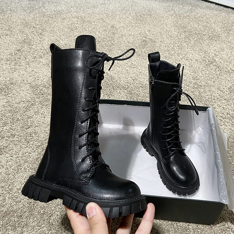 

New Children Winter High Boots Girls Princess Performance Martin Boots Student Baby Black Warm Short Plush Kids Shoes 02C