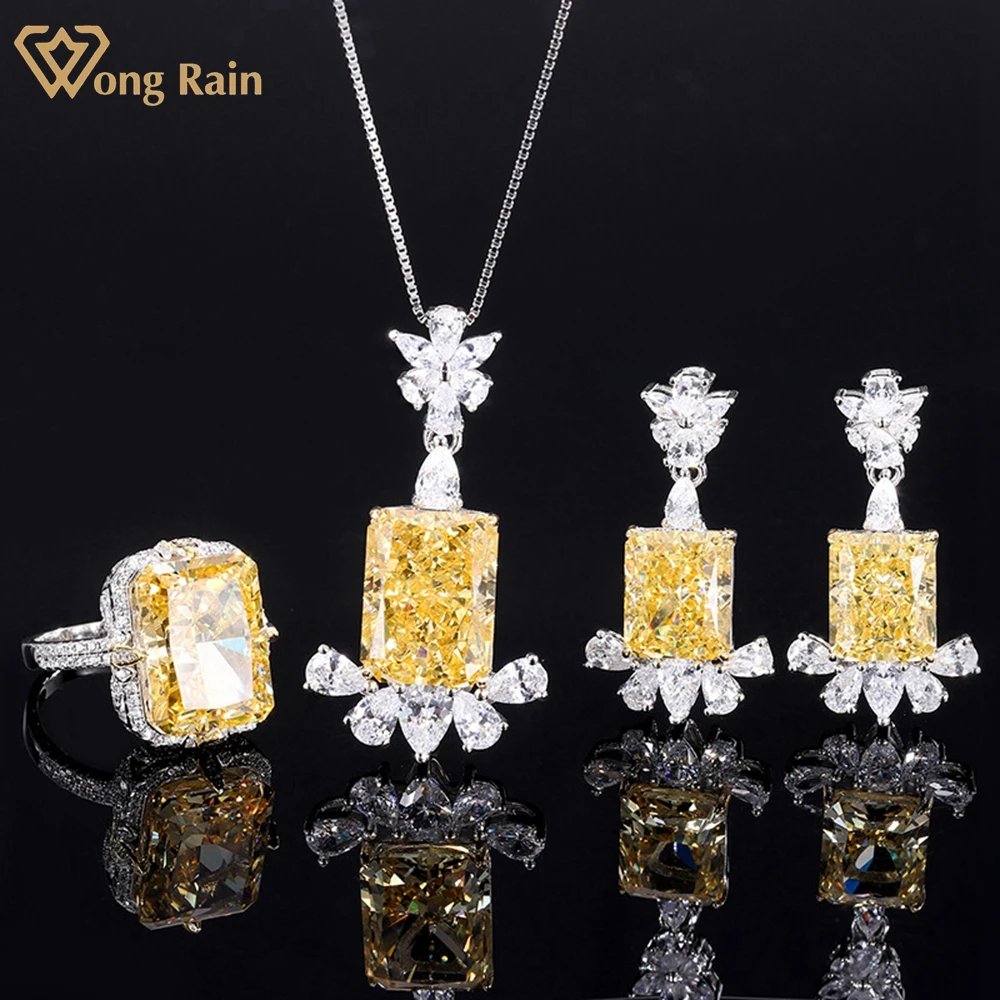 

Wong Rain Luxury 925 Sterling Silver Crushed Ice Cut Created Moissanite Gemstone Ring/Earrings/Pendant/Necklace Jewelry Set 3Pcs