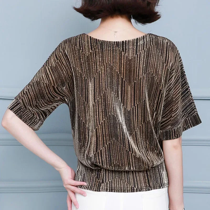 Женская блестящая блузка с круглым вырезом блестками