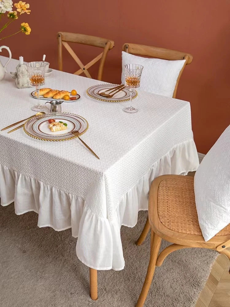 

Cotton lace waterproof tablecloth flounces white table cloth French style INS style round table cloth tea table cloth