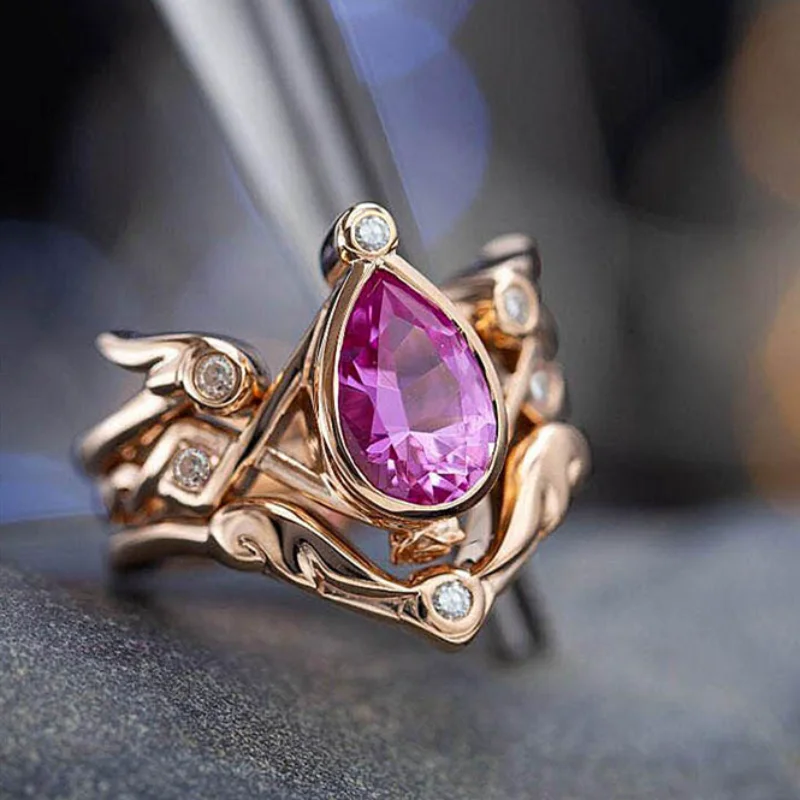 

Luxury Fashion Rose Gold Colors Angel Wings Rings for Women Trendy Metal Inlaid Rose Red White Stone Wedding Engagement Jewelry