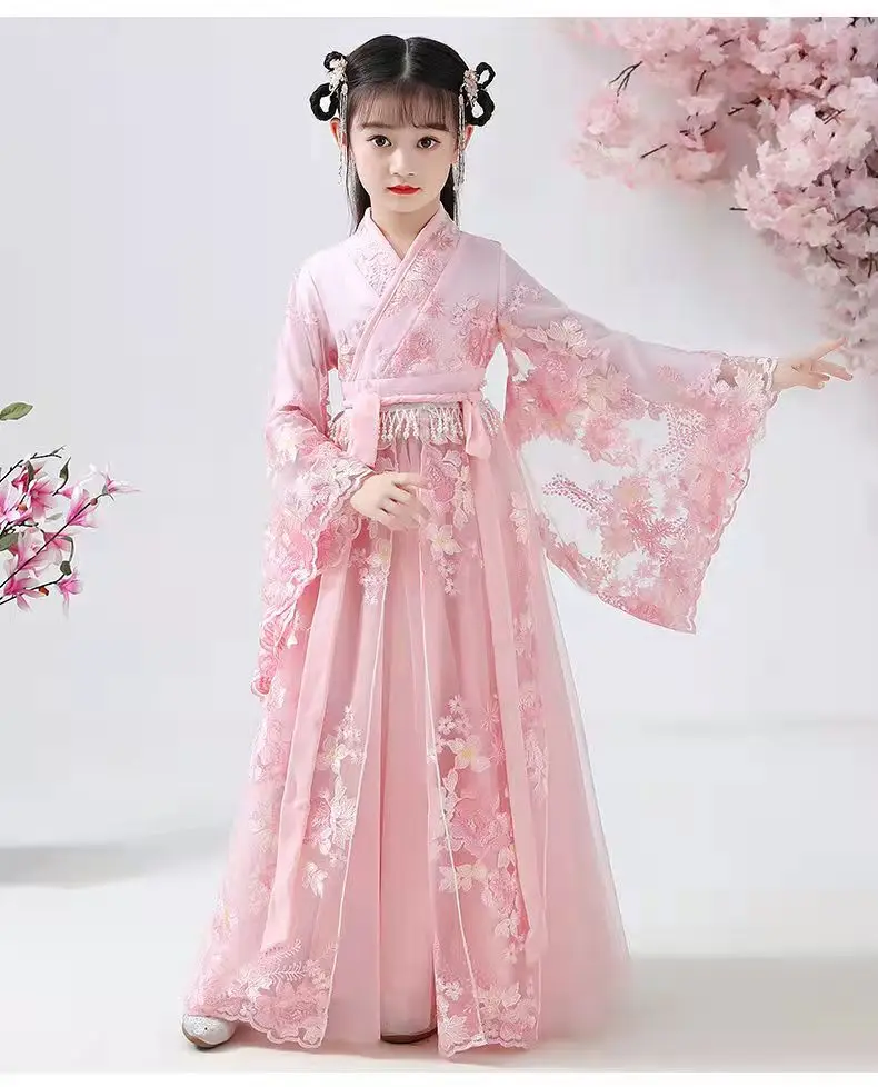 Chinese Traditional Folk Dance Dress Girls Pink Dance Fairy Costume Hanfu Girls Princess Dresses Set Kids Party Cosplay Clothing images - 6