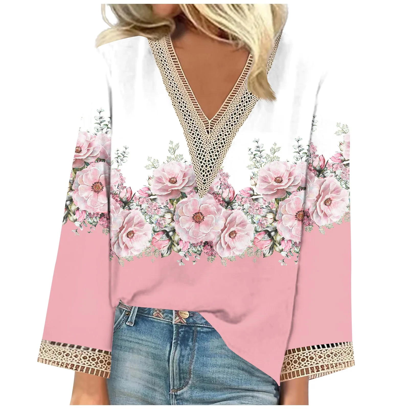 

Женская блузка с длинным рукавом, V-образным вырезом и цветочным принтом