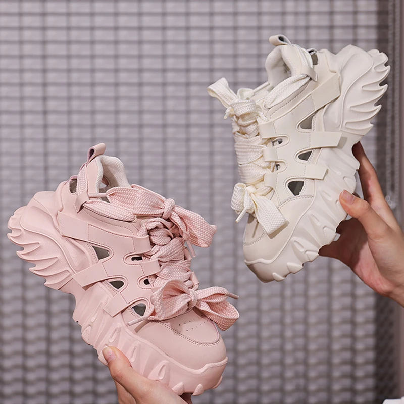 6.5cm Hollow Chunky Fashion Sneakers Genuine Leather Women Vulcanize Sandles New Female Summer Comfy Lace Fashion Females Shoes