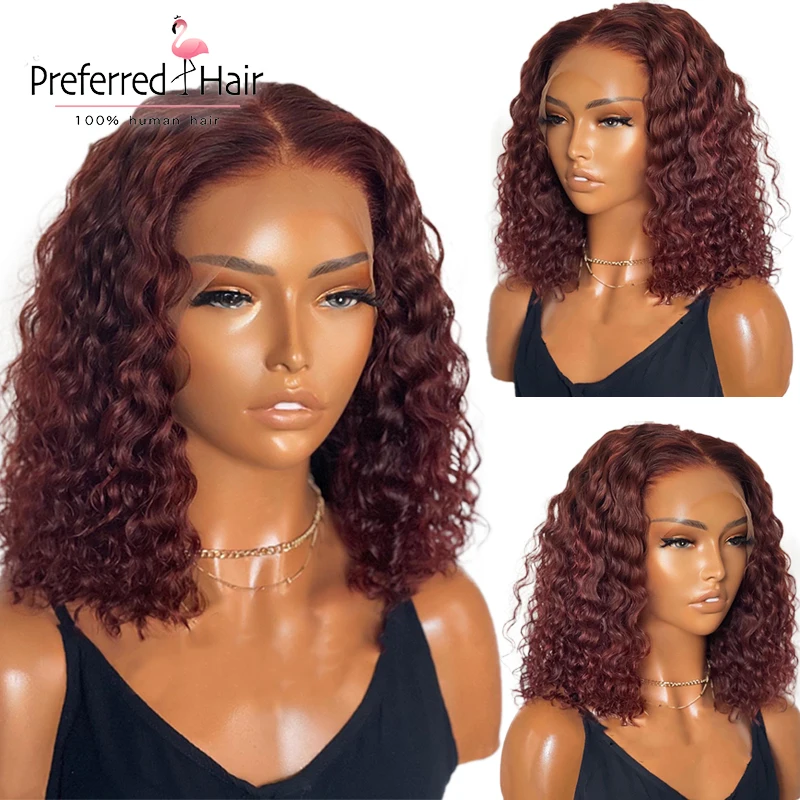 

Short Jerry Curly Bob 99J Burgundy Red Color 4X4 Closure Frontal Human Hair Invisible 13X4 T Part Lace Front Wigs Women Prepluck