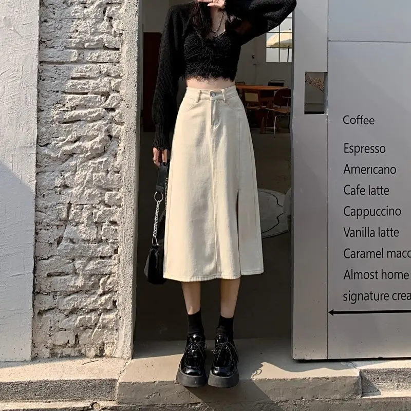 

Женская джинсовая юбка с карманами, повседневная винтажная трапециевидная юбка из денима с высокой талией, модель G47 в Корейском стиле на ве...