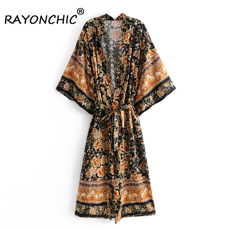 

RAYONCHIC Black Floral Print Kimono Batwing Sleeve Belt Long Robes Bohemian Style Oversized Bikini Cover Ups Bathing Suit Kimono