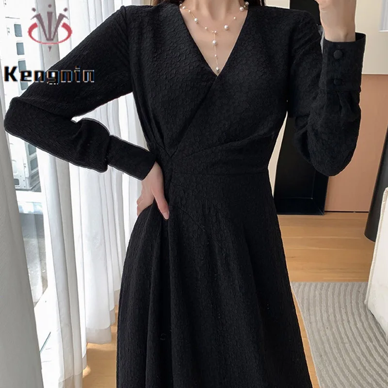 Женское осеннее жаккардовое платье с V-образным вырезом и длинным рукавом