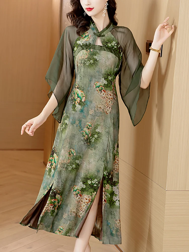 

Женское платье с длинным рукавом, Зеленое Шелковое лоскутное платье с цветочным принтом, Элегантное повседневное и вечернее длинное платье в винтажном стиле, Роскошные платья, лето 2023