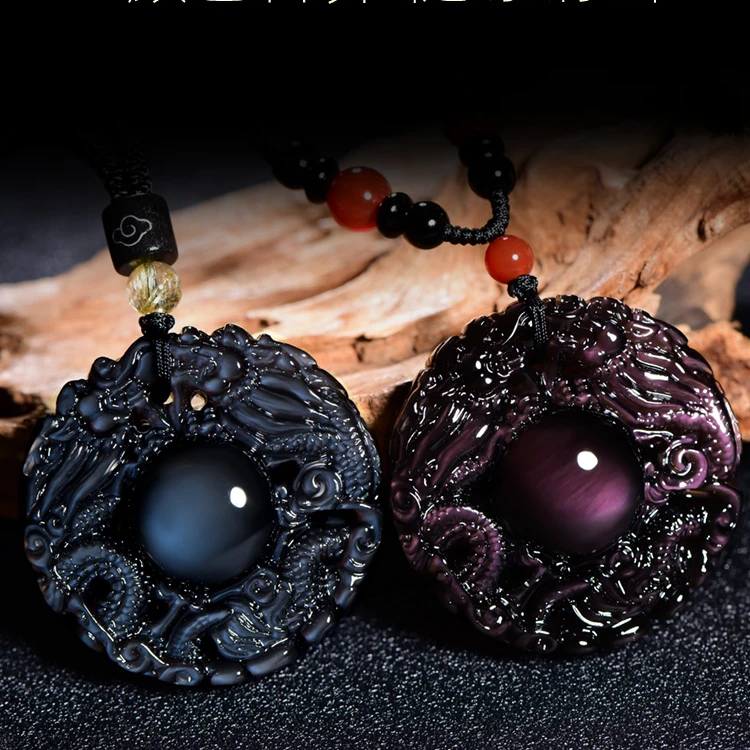 Подвеска из натурального обсидиана с изображением дракона ожерелье кулоном в