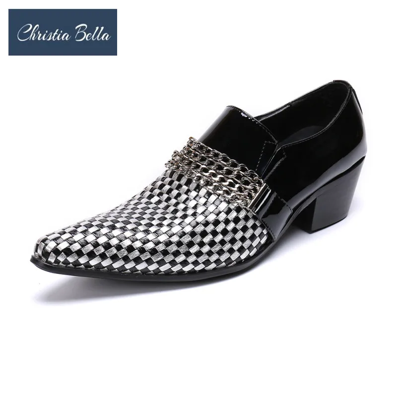 

Christia Bella Plus Size Pointed Toe Men Slip on High Heel Oxford Shoes Chain Grid Pattern Patent Leather Mens Party Dress Shoes