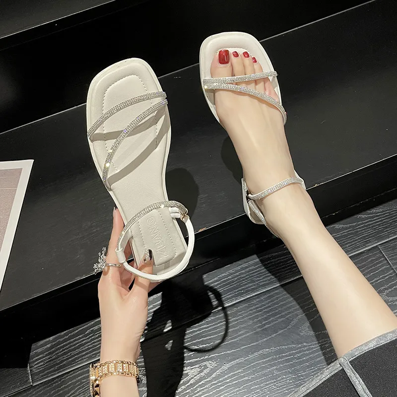 

2022 Summer Sale Of Women's Shoes Rhinestone Sandals Clear Heels Ankle Strap Suit Female Beige All-Match New Comfort Fashion Gir