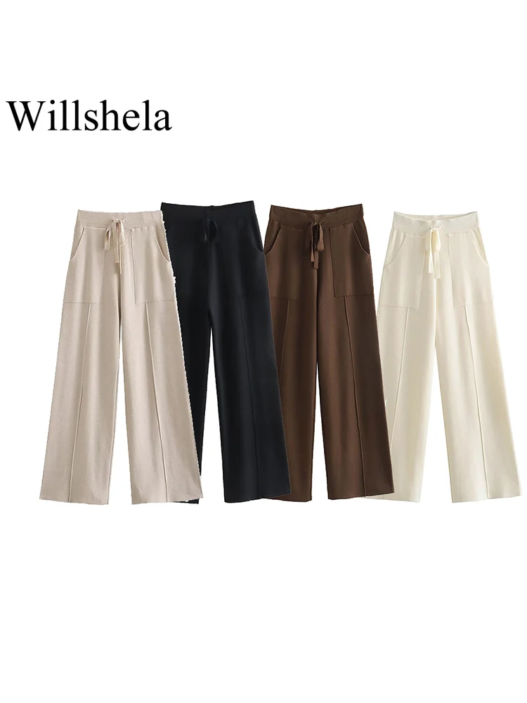 

Willshela женские модные однотонные вязаные прямые брюки, винтажные длинные женские брюки с высокой эластичной талией