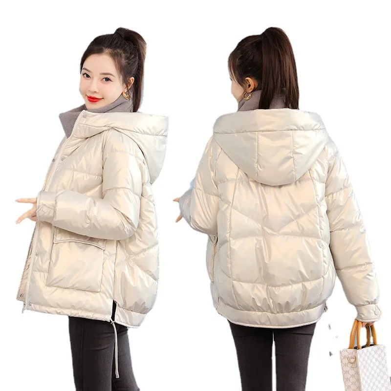 Parkas Women Glossy Cotton-Padded Jacket Women's Short down Cotton-Padded Jacket Loose Hoodie Padded Coat Winter Coat Women