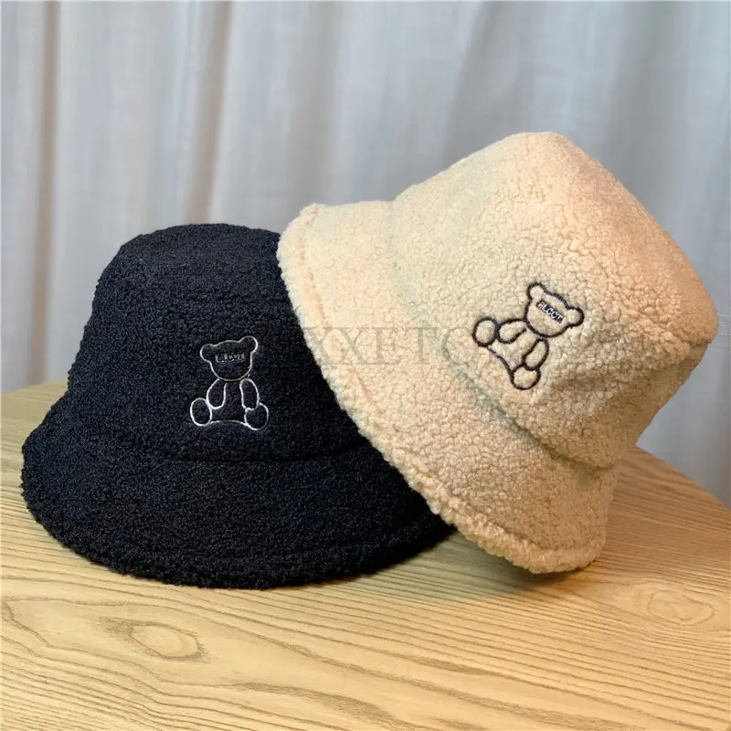 

Solid Color Lamb Faux Fur Bucket Hat Winter Warm Teddy Velvet Hats for Women Lady Thick Panama Outdoor Fisherman Hat LUXXETON